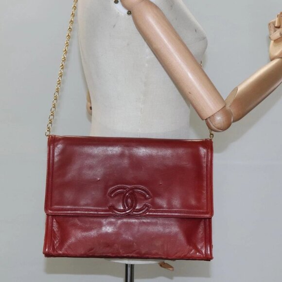 CHANEL Chain Shoulder Bag Lamb Skin Red Gold - Picture 12 of 16